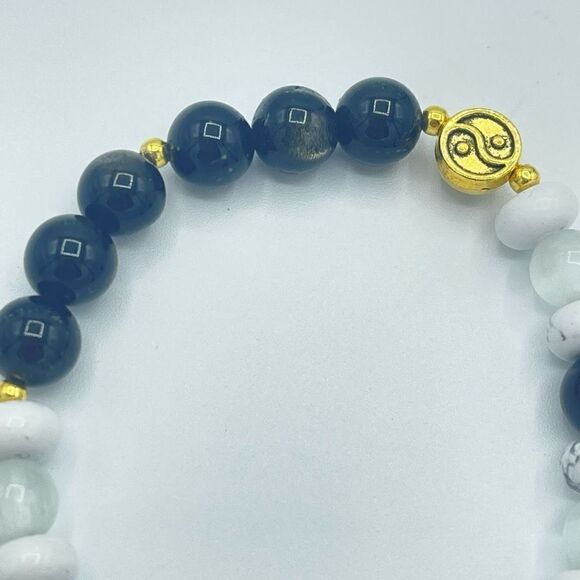 Yin Yang selenite golden obsidian howlite beaded stretch bracelet ONE NEW crysta - Picture 5 of 8